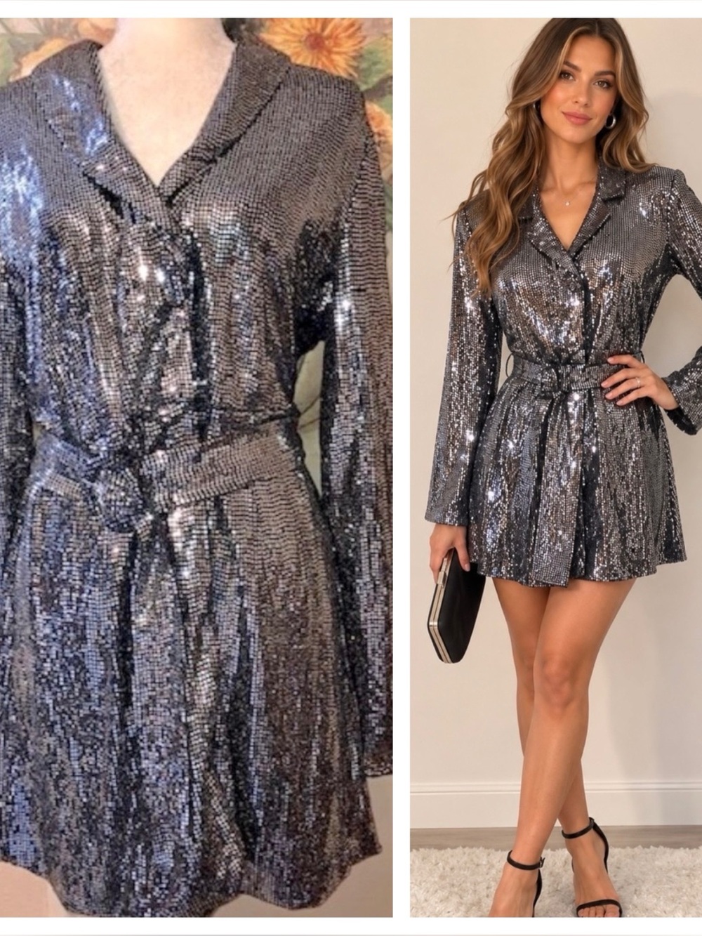 Sz 2XL Rose Velvet Silver Sparkly Mini Dress